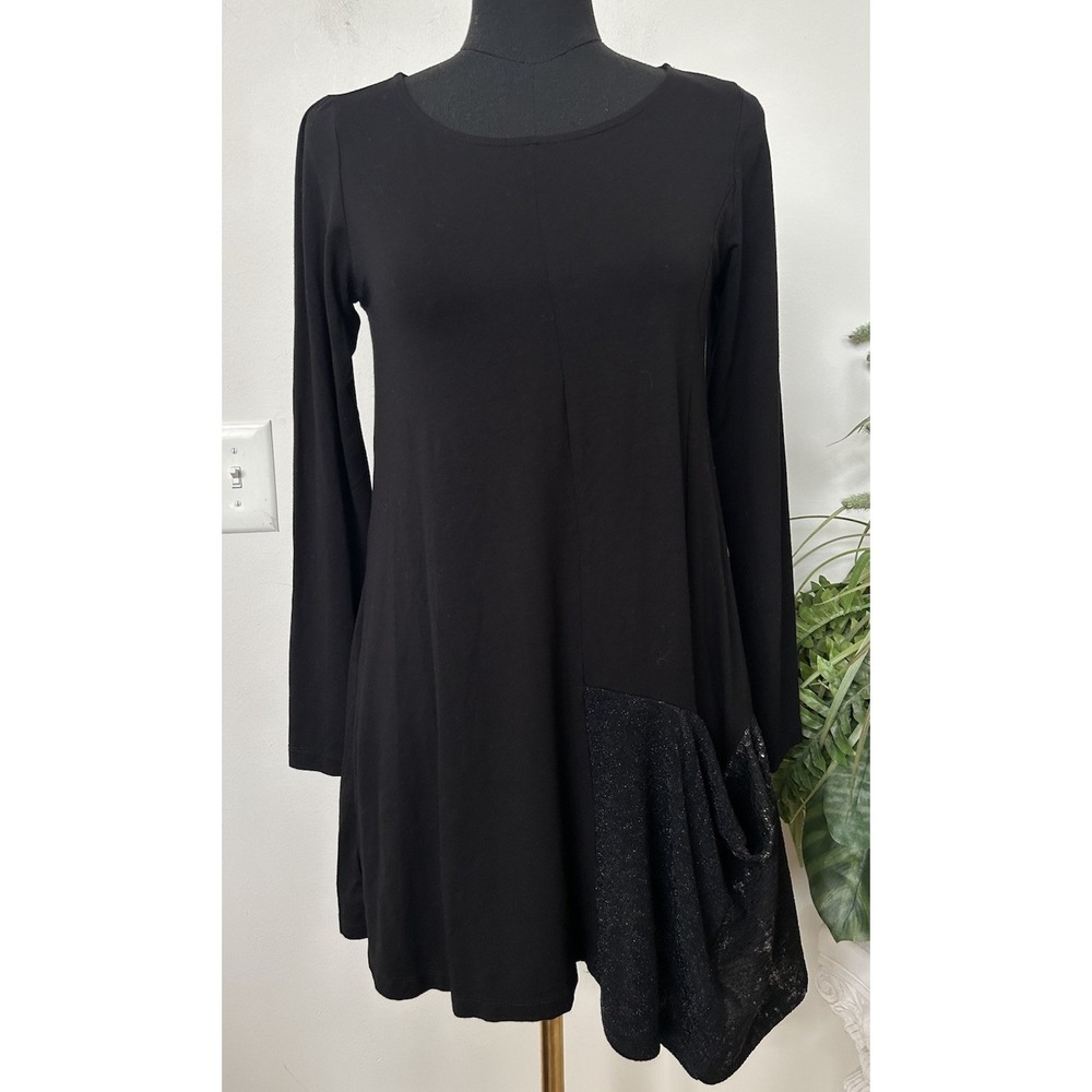 Alembika Black Metallic Tunic Top 6/8 Lagenlook Asymmetric AvantGarde LongSleeve
